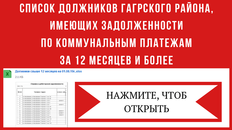 Список должников Гагрского района, имеющих задолженности по коммунальным платежам от 12 месяцев и более